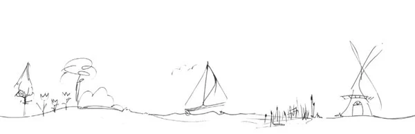 Henning_Dierks_Zwischenahn_Skyline_1_web Zeichnung der Zwischenahner Skyline mit Natur, Boot und Mühle.