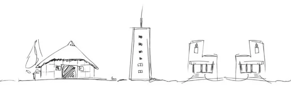 Henning_Dierks_Zwischenahn_Skyline_2_web Zeichnung der Zwischenahner Skyline mit Bauernhaus, Wasserturm und Villen